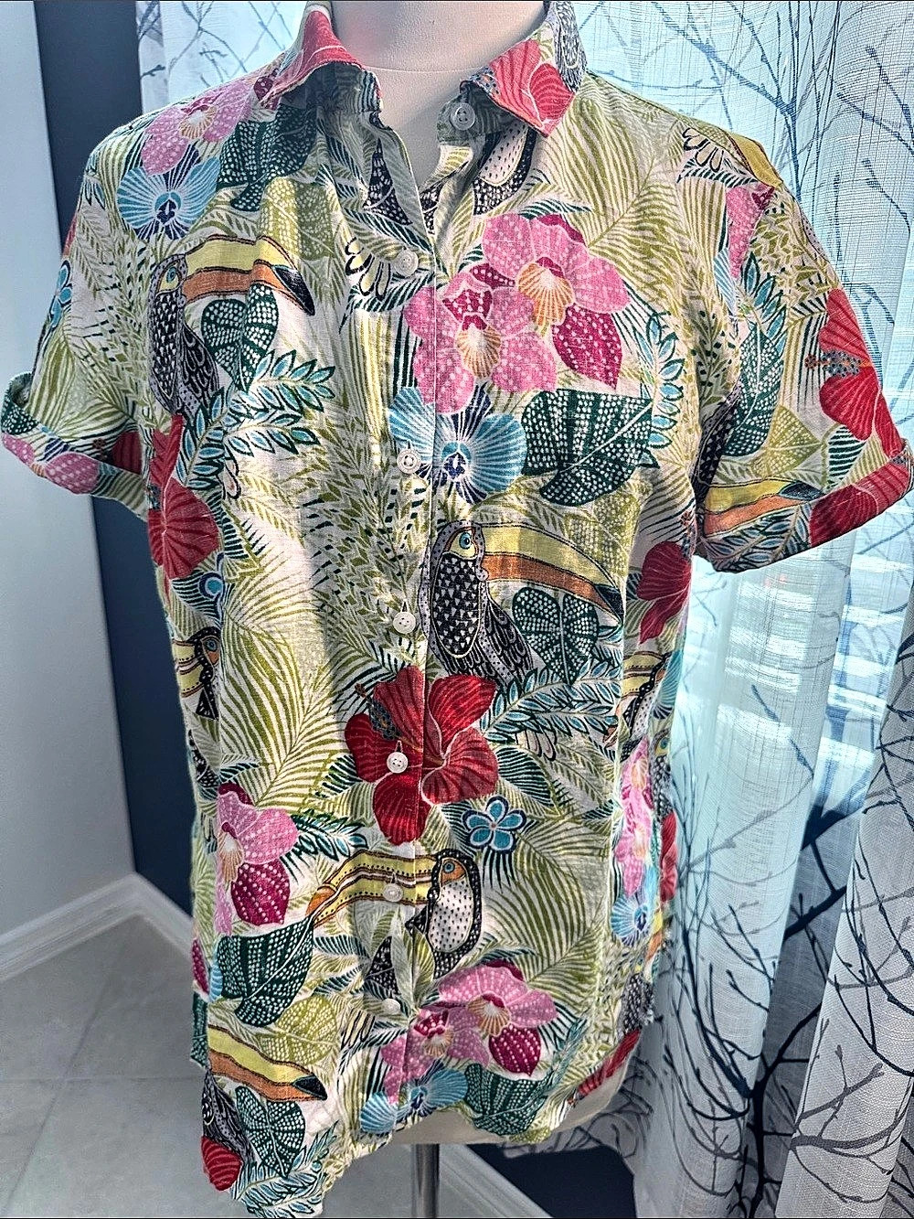 Tommy Bahama Tropical Floral Toucan Leaf Print Linen Shirt Medium